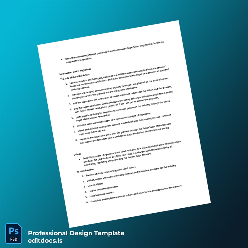 Editable Kenya Sugar Miller Registration Renewal Certificate Template in Word and PDF formats page 4 Page Preview