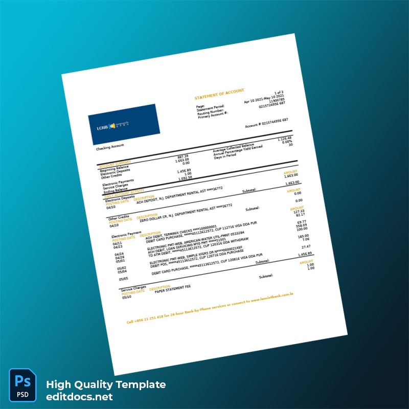 Laos LCNB Bank Statement Template in Word and PDF formats