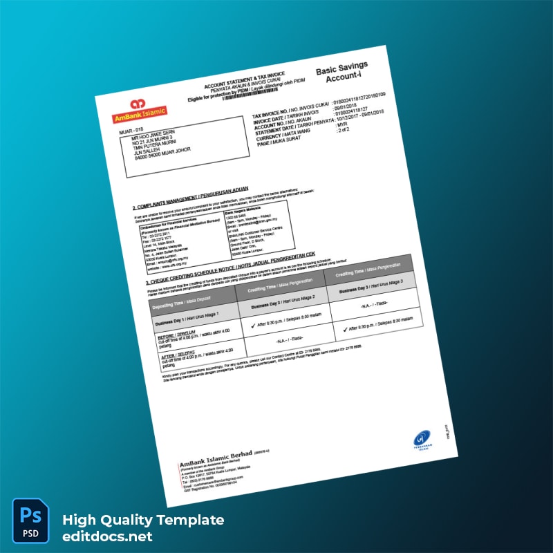 Malaysia AmBank Bank Statement Template in Word and PDF formats page 2
