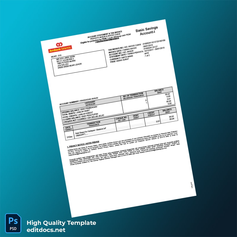 Malaysia AmBank Bank Statement Template in Word and PDF formats