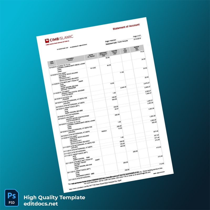 Malaysia Bank Islam Bank Statement Template in Word and PDF formats page 2