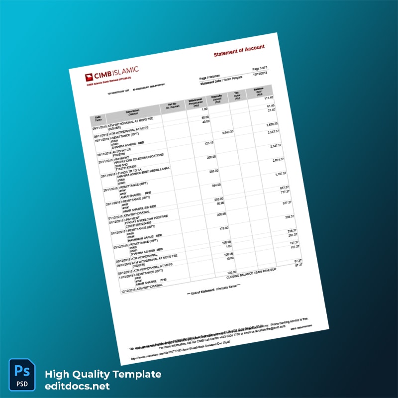 Malaysia Bank Islam Bank Statement Template in Word and PDF formats page 3