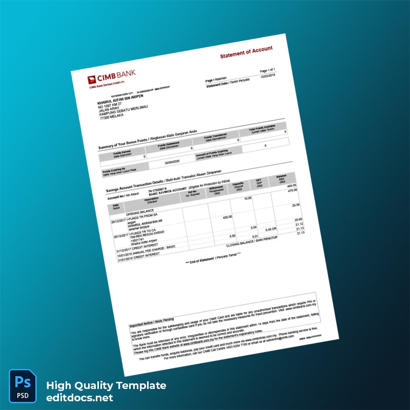 Malaysia CIMB Bank Statement Template in Word and PDF formats
