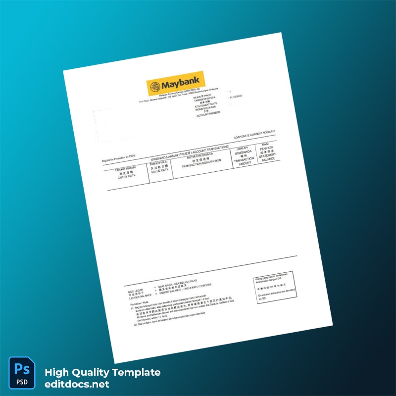 Malaysia Corporate Current Account Statement Template in Word and PDF formats