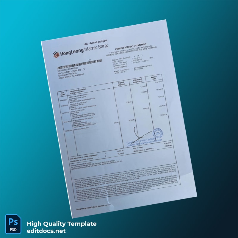 Malaysia Hong Leong Islamic Bank Berhad Bank Statement Template in Word and PDF formats page 2