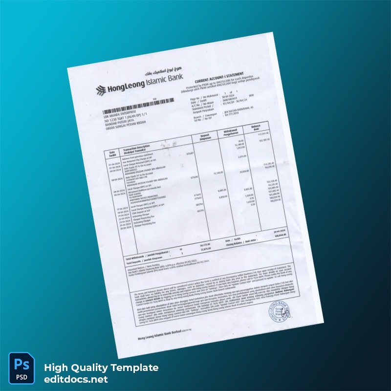 Malaysia Hong Leong Islamic Bank Berhad Bank Statement Template in Word and PDF formats page 3