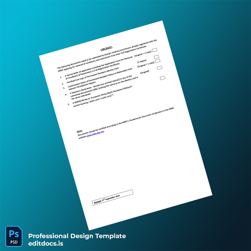 Editable Malaysia Malaysian Medical Council Application for Removal of Conditions and Restrictions from Full Registration Certificate Tem page 2 Page Preview - EditDocs