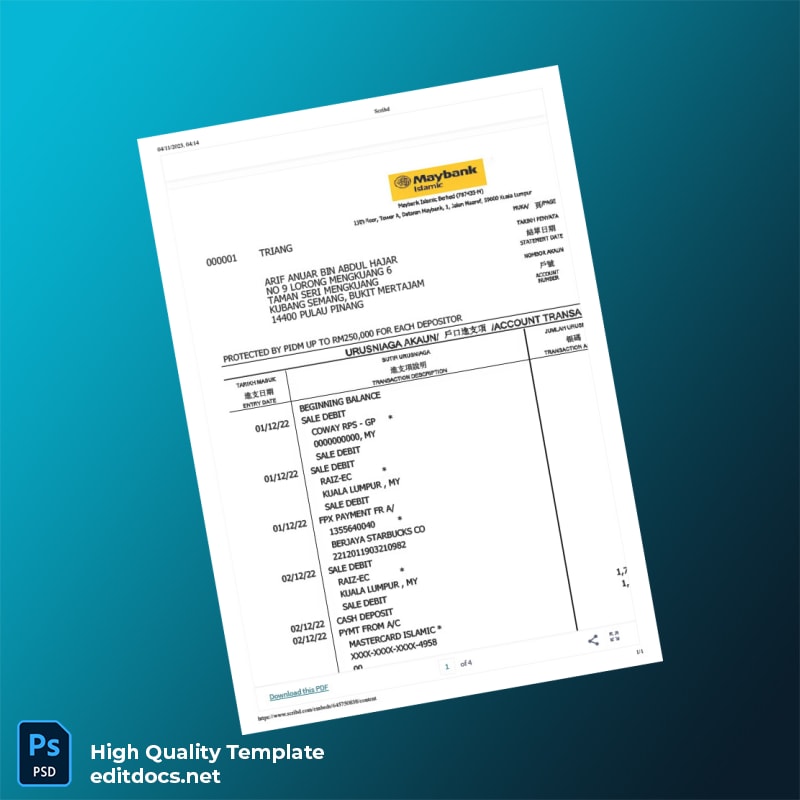 Malaysia Maybank Bank Statement Template in Word and PDF formats