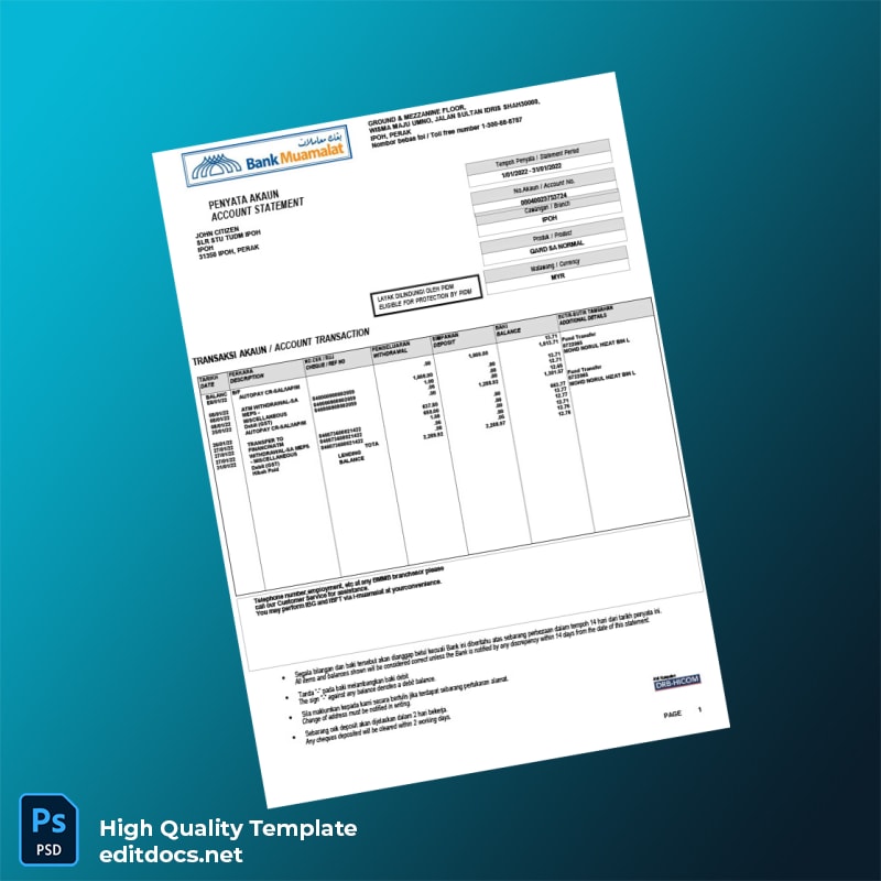 Malaysia Meamulat Bank Statement Template in Word and PDF formats