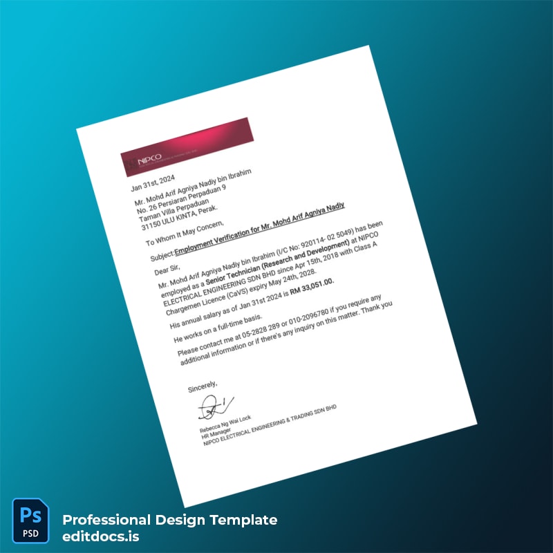 Editable Malaysia NIPCO ELECTRICAL ENGINEERING SDN BHD Employment Verification Letter Template (Word&PDF) Page Preview - EditDocs