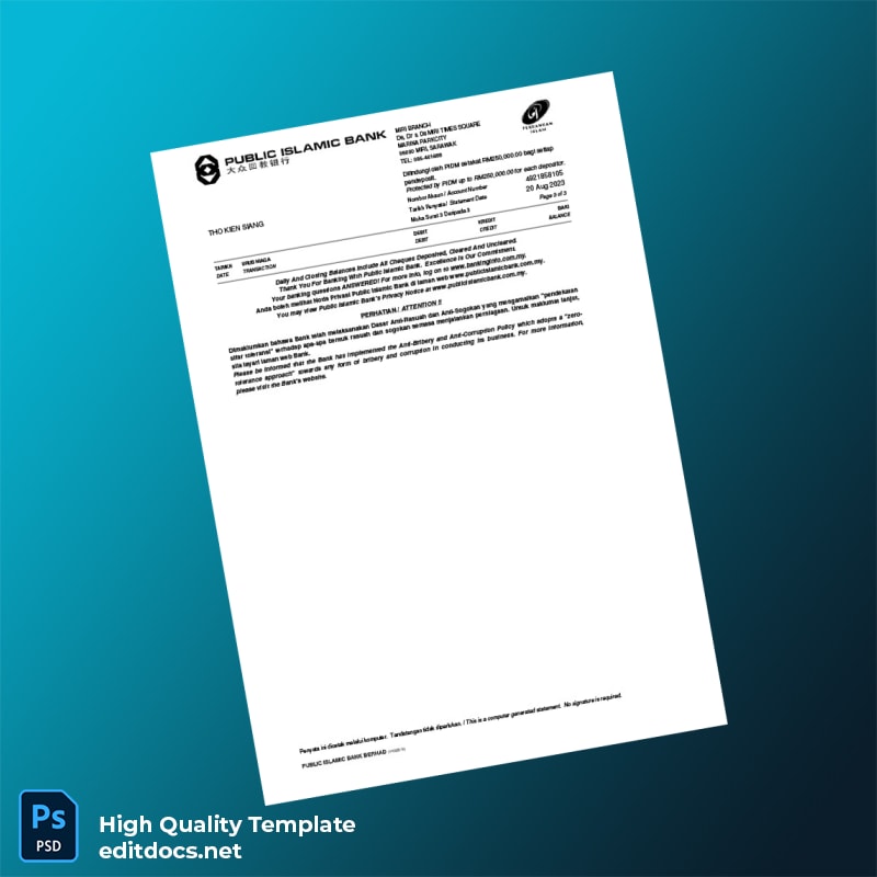 Malaysia Public Islamic Bank Berhad Bank Statement Template in Word and PDF formats page 3