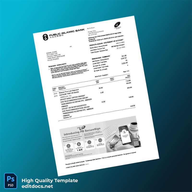 Malaysia Public Islamic Bank Berhad Bank Statement Template in Word and PDF formats