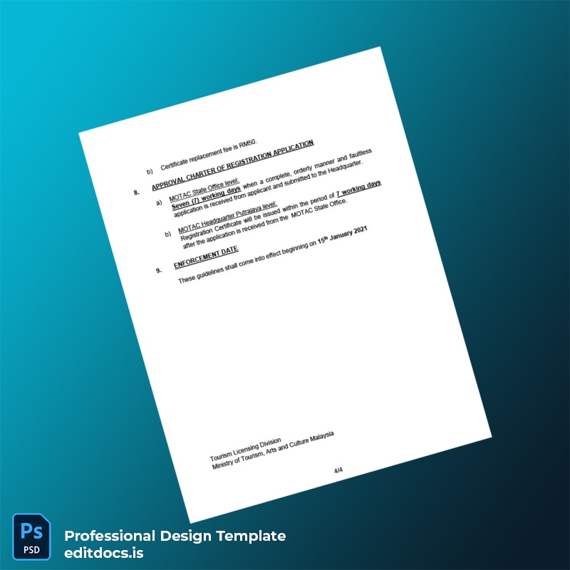 Editable Malaysia Tourism Ministry Registration Certificate Template in Word and PDF formats page 4 Page Preview - EditDocs