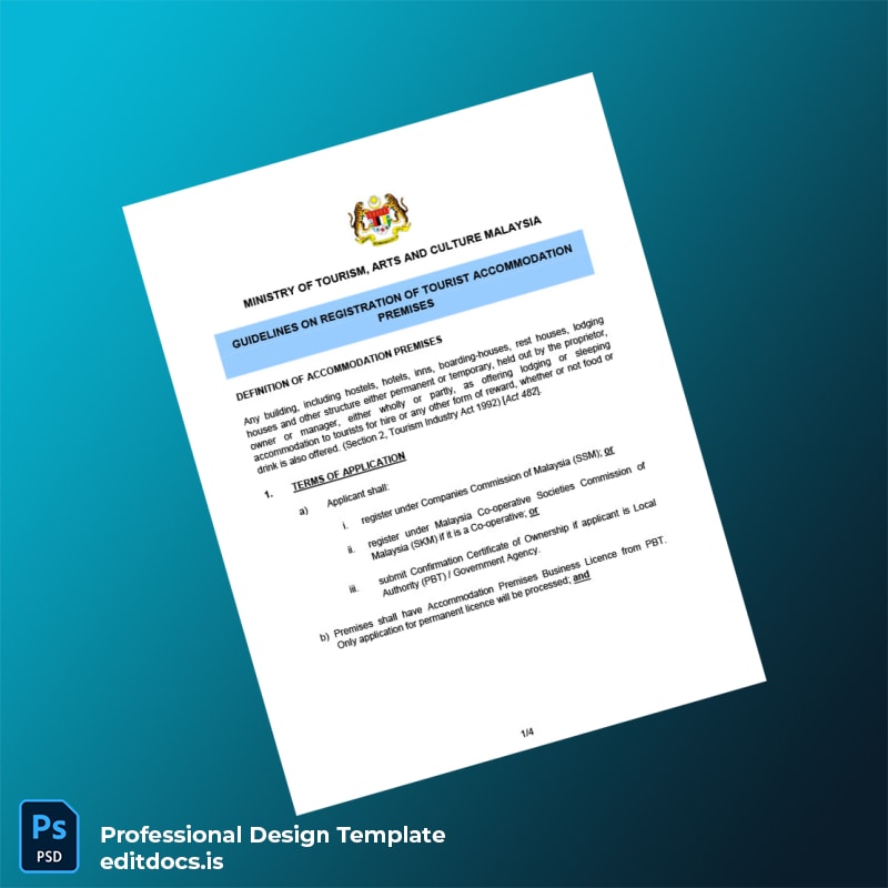 Editable Malaysia Tourism Ministry Registration Certificate Template (Word&PDF) Page Preview - EditDocs
