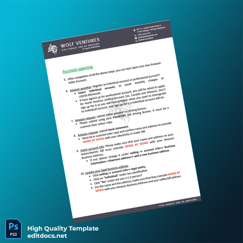 Malaysia Wolf Ventures Editable Amazon Seller Account Instructions Template in Word and PDF formats page 3