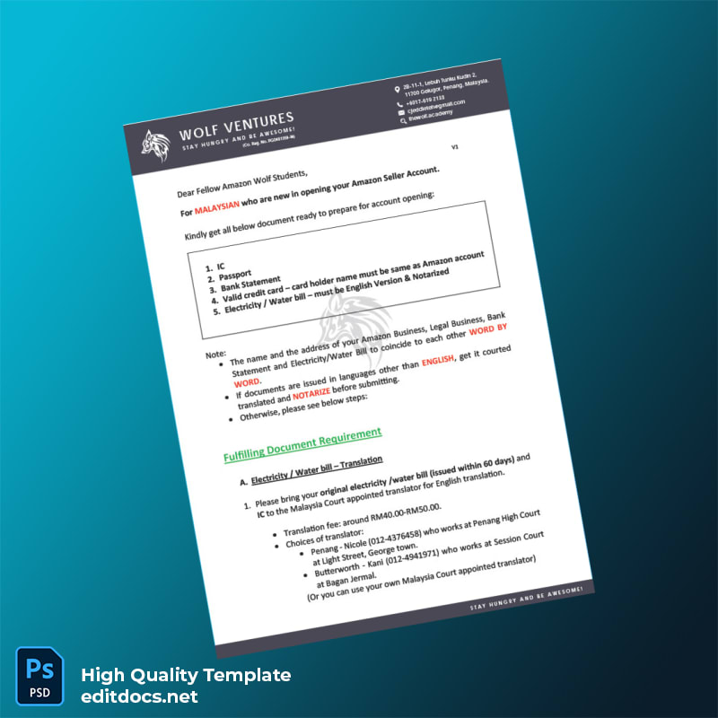 Malaysia Wolf Ventures Editable Amazon Seller Account Instructions Template in Word and PDF formats