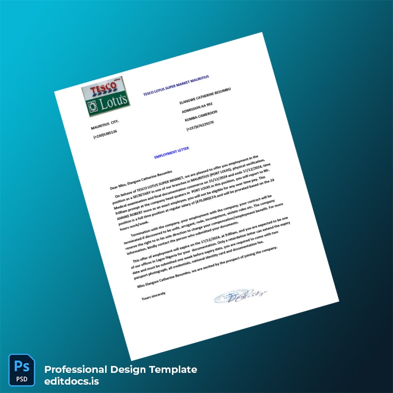 Editable Mauritius TESCO LOTUS SUPER MARKET Employment Verification Letter Template (Word&PDF) Page Preview - EditDocs