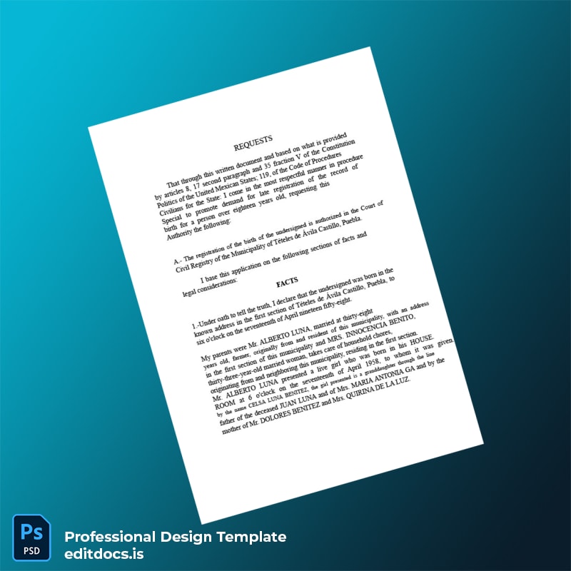 Editable Mexico Municipal Registry Late Registration Petition for Birth Certificate Template in Word and PDF formats page 2 Page Preview - EditDocs