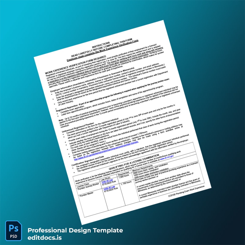 Editable Minnesota Plumbing Work Experience Verification Form Template in Word and PDF formats page 2 Page Preview - EditDocs