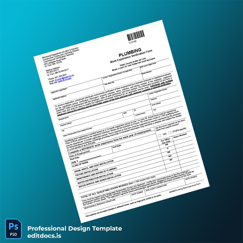Editable Minnesota Plumbing Work Experience Verification Form Template (Word&PDF) Page Preview - EditDocs