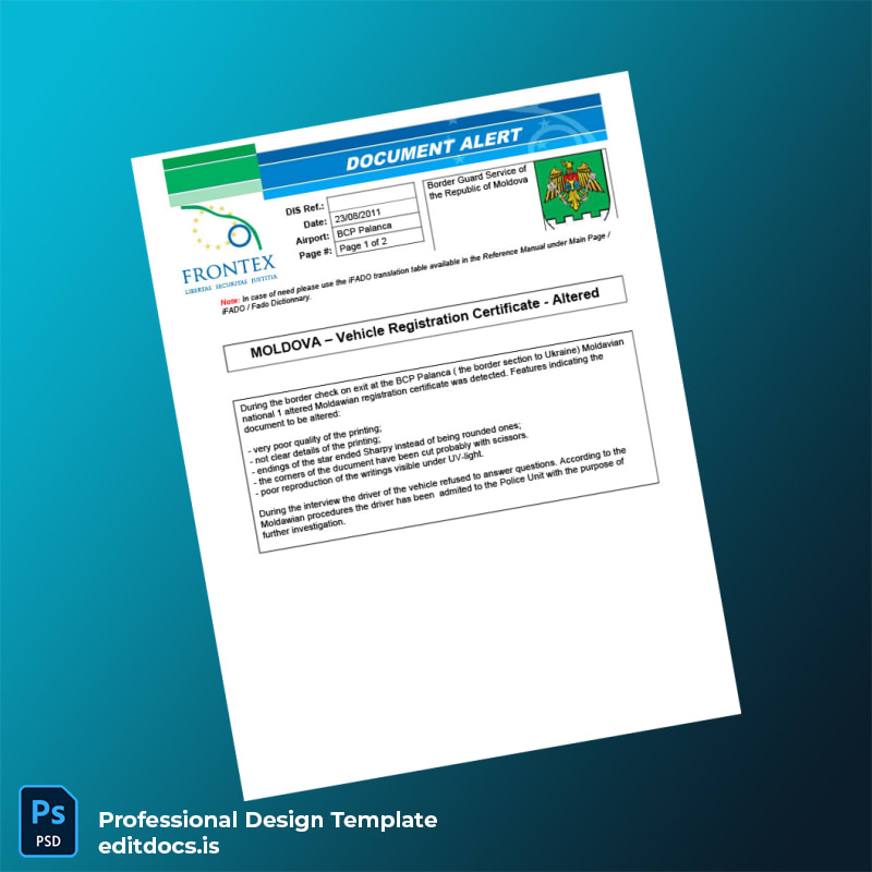 Editable Moldova Border Guard Service Vehicle Registration Certificate Template (Word&PDF) Page Preview