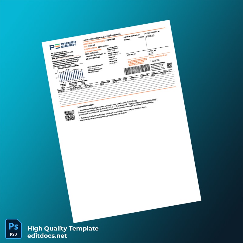 Moldova Premier Energy Editable Utility Bill Template in Word and PDF formats