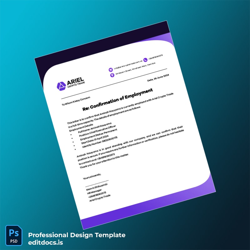 Editable Namibia Ariel Crypto Trade Employment Verification Letter Template (Word&PDF) Page Preview - EditDocs