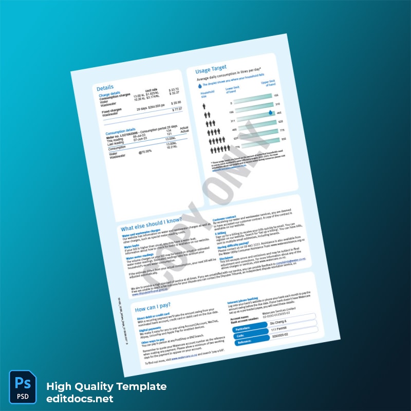 New Zealand Watercare Services Editable Water Bill Template in Word and PDF formats page 2
