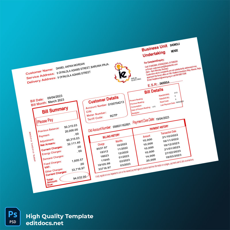 Nigeria Ikeja Electric Editable Utility Bill Template in Word and PDF formats