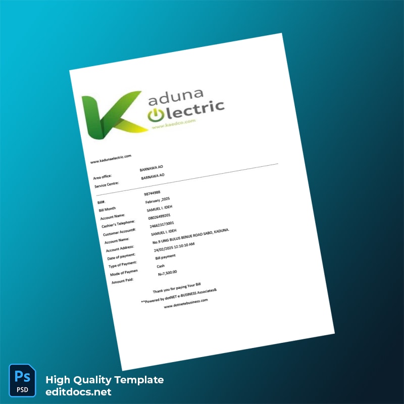 Nigeria Kaduna Electric Editable Utility Bill Template in Word and PDF formats
