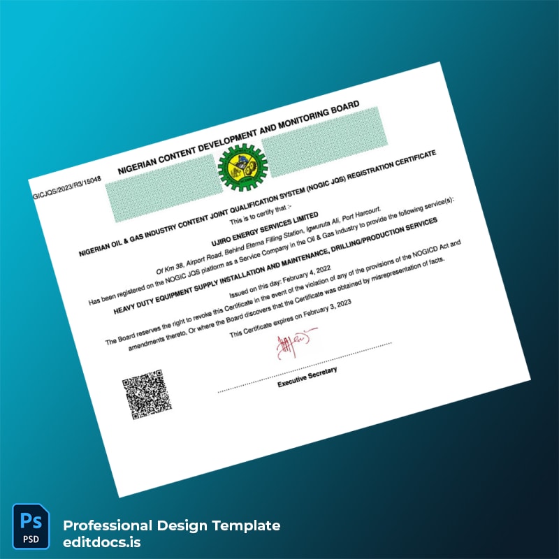 Editable Nigeria NOGIC JQS Registration Certificate Template (Word&PDF) Page Preview - EditDocs