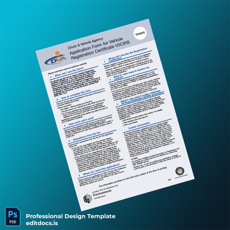 Editable Northern Ireland Driver Vehicle Agency Vehicle Registration Certificate Application Form Template (Word&PDF) Page Preview - EditDocs