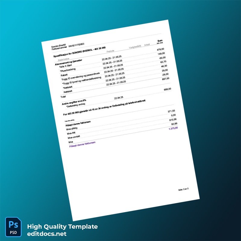 Norway Telia Norge AS Editable Phone Bill Template in Word and PDF formats page 2