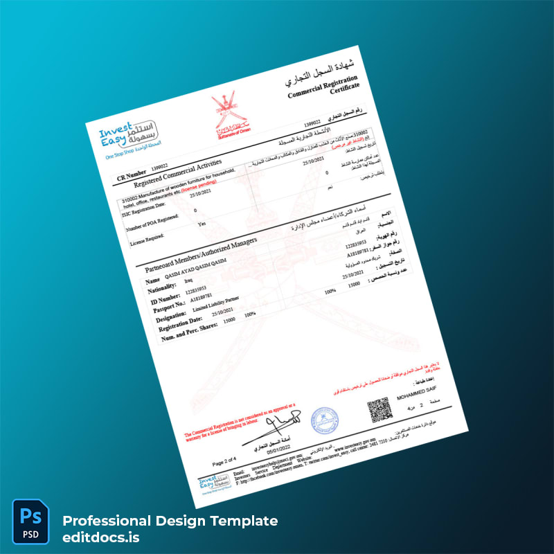Editable Oman Commercial Registration Certificate Template in Word and PDF formats page 2 Page Preview - EditDocs