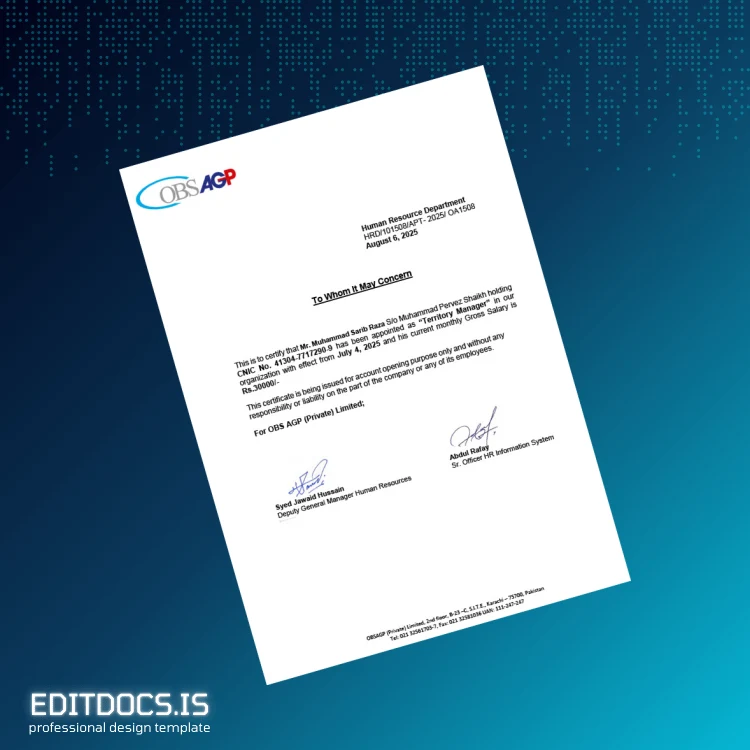 Editable Pakistan OBS AGP Employment Verification Letter Template in Word and PDF formats page 7 Page Preview - EditDocs