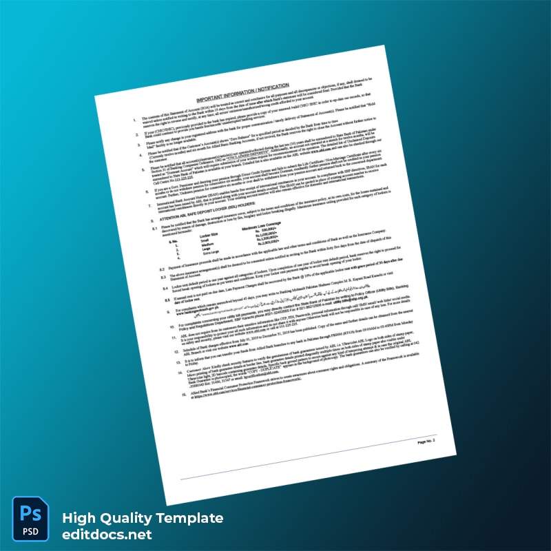 Pakistan Allied Bank Limited Editable Bank Statement Template in Word and PDF formats page 2