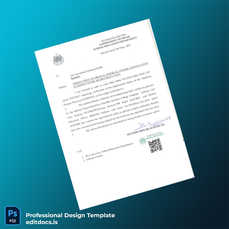 Editable Pakistan Chandka Medical College Hospital Employment Verification Letter Template (Word&PDF) Page Preview - EditDocs