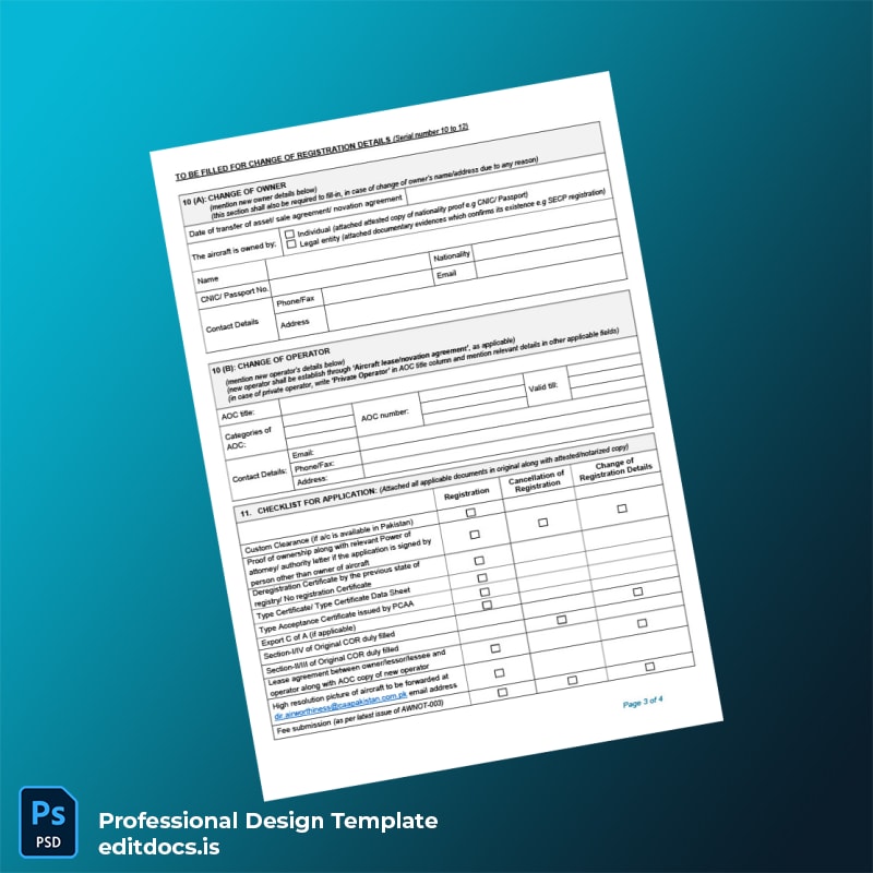 Editable Pakistan Civil Aviation Authority Application for Issue of Certificate of Registration Cancellation of Registration Change of Re page 3 Page Preview