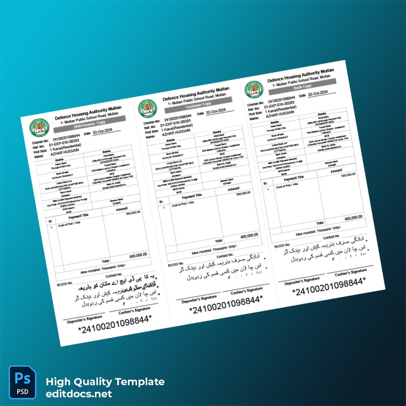 Pakistan DHA Lahore Multan Chapter Editable Payment Challan Template in Word and PDF formats