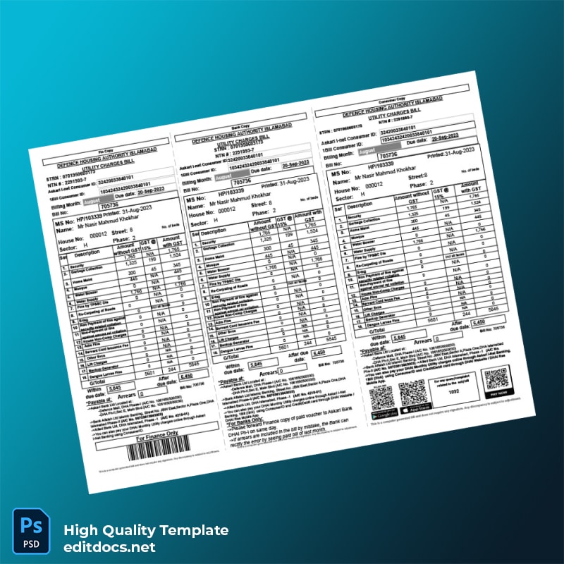 Pakistan Defence Housing Authority Islamabad Editable Utility Bill Template in Word and PDF formats