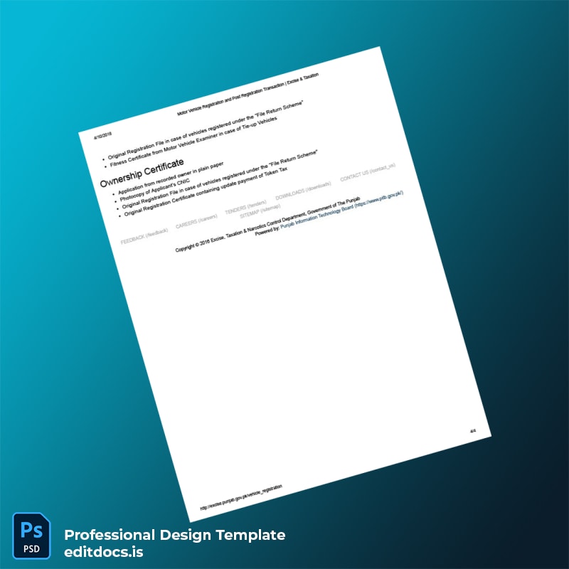 Editable Pakistan Excise and Taxation Authority Motor Vehicle Registration Certificate Template in Word and PDF formats page 4 Page Preview - EditDocs
