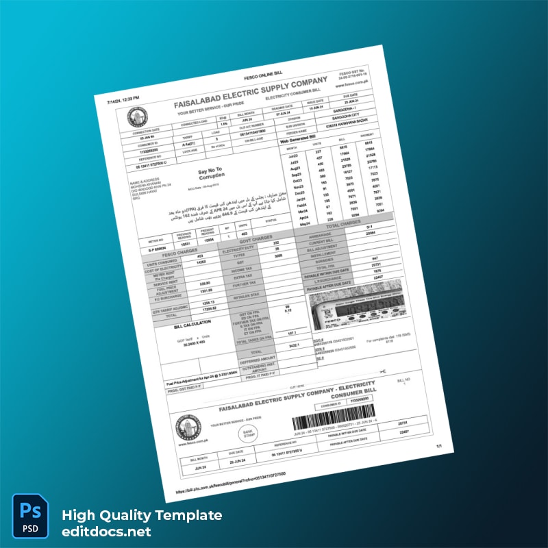 Pakistan Faisalabad Electric Supply Company Editable Electricity Bill Template in Word and PDF formats