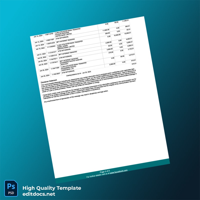 Pakistan Faysal Bank Limited Editable Bank Statement Template in Word and PDF formats page 2