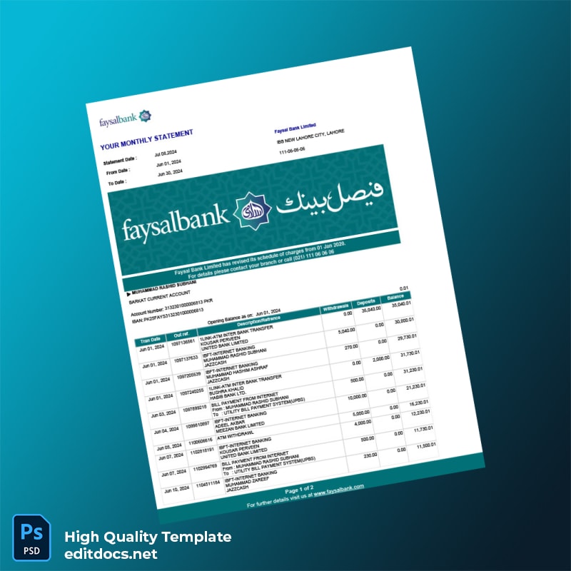 Pakistan Faysal Bank Limited Editable Bank Statement Template in Word and PDF formats