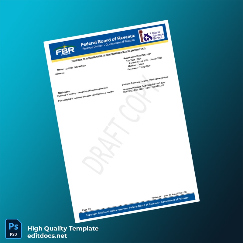 Pakistan Federal Board Of Revenue - Government Of Pakistan Editable Income Tax Registration Form Template in Word and PDF format page 2