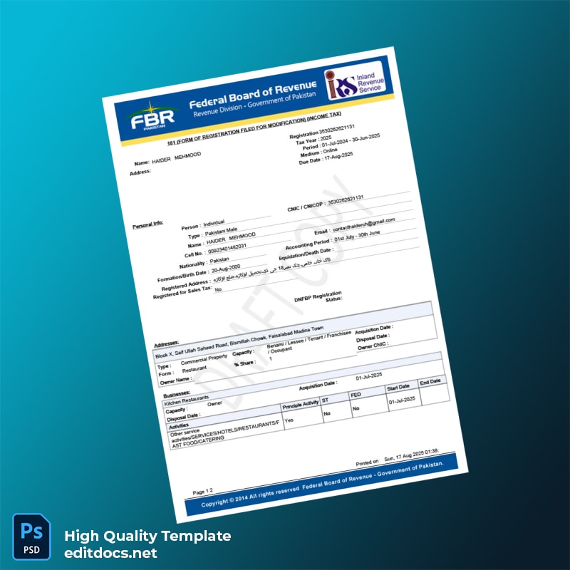 Pakistan Federal Board Of Revenue - Government Of Pakistan Editable Income Tax Registration Form Template in Word and PDF format