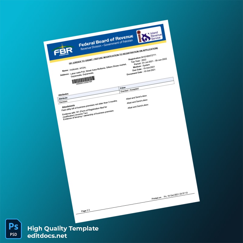 Pakistan Government Editable Tax Registration Modification Order Template in Word and PDF formats page 2