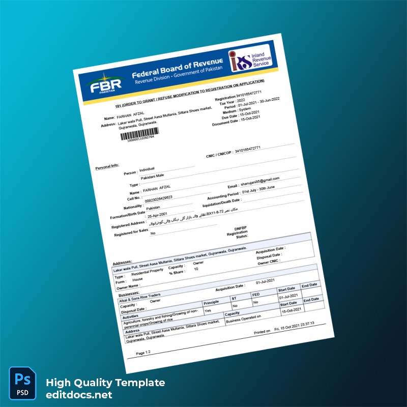 Pakistan Government Editable Tax Registration Modification Order Template in Word and PDF formats