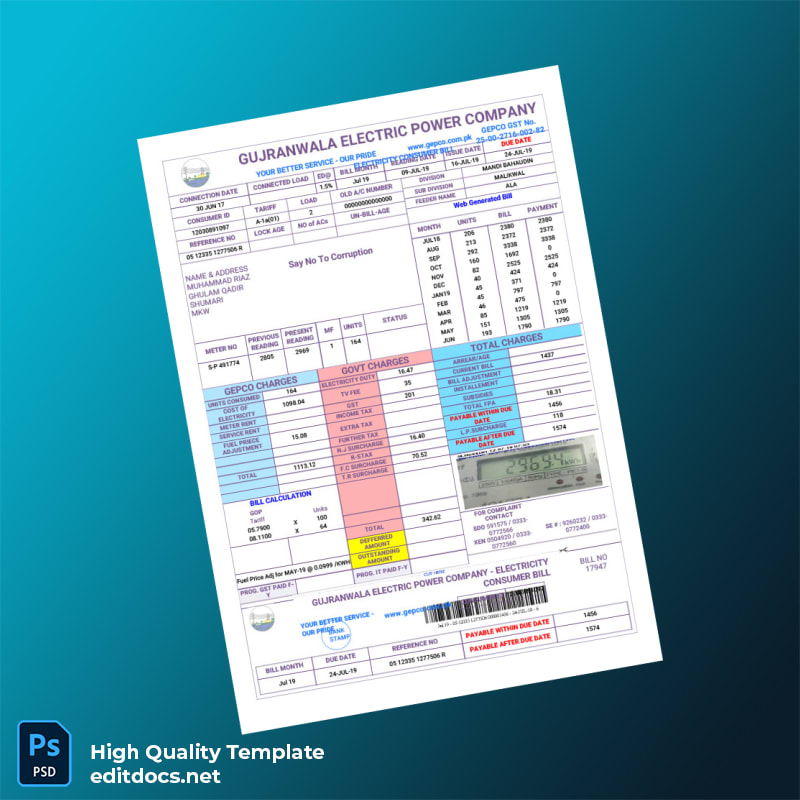 Pakistan Gujranwala Electric Power Company Editable Electricity Bill Template in Word and PDF formats