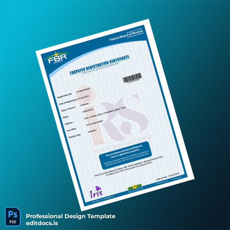 Editable Pakistan Inland Revenue Service Tax Registration Certificate Template (Word&PDF) Page Preview - EditDocs